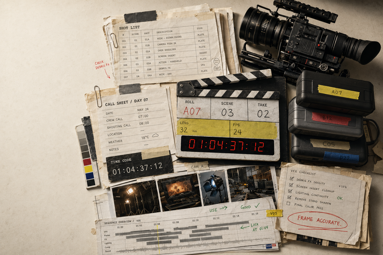 Real shot lists, call sheets, production schedules, silver tape, cinema camera, clapperboard and labeled external hard drives arranged as a physical editorial collage